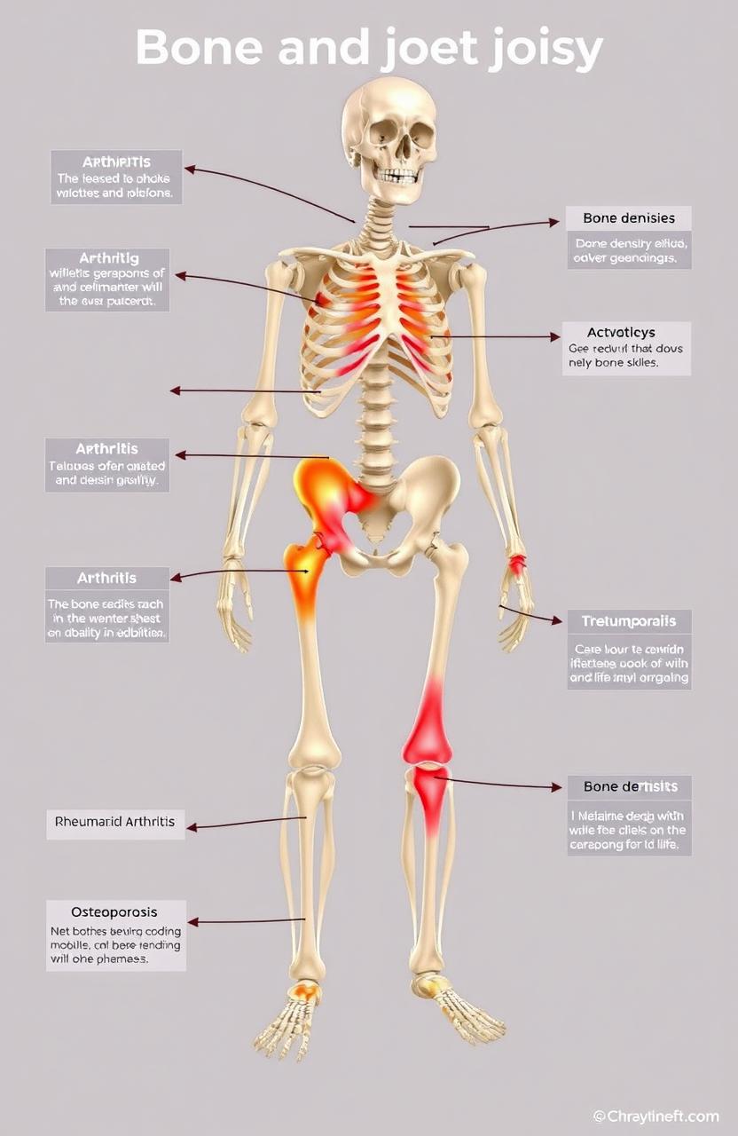 A detailed anatomical illustration showcasing various bone and joint diseases