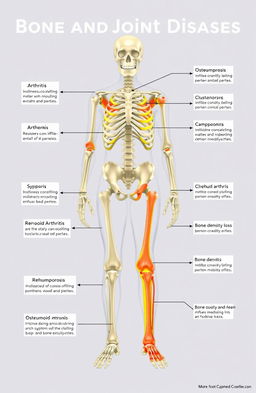 A detailed anatomical illustration showcasing various bone and joint diseases