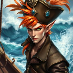 A striking male elf with vibrant orange hair styled in a windswept manner, adorned with a flamboyant pirate hat decorated with feathers and jewels