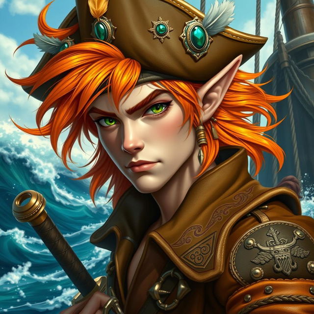 A striking male elf with vibrant orange hair styled in a windswept manner, adorned with a flamboyant pirate hat decorated with feathers and jewels