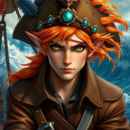 A striking male elf with vibrant orange hair styled in a windswept manner, adorned with a flamboyant pirate hat decorated with feathers and jewels