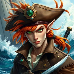 A striking male elf with vibrant orange hair styled in a windswept manner, adorned with a flamboyant pirate hat decorated with feathers and jewels