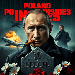 A high quality realistic movie poster featuring Vladimir Putin prominently in the foreground, smoking a cigar with a serious demeanor