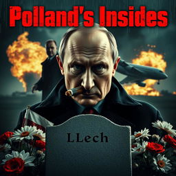 A high quality realistic movie poster featuring Vladimir Putin prominently in the foreground, smoking a cigar with a serious demeanor