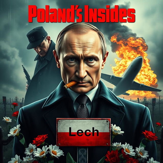 A high quality realistic movie poster depicting Vladimir Putin in the foreground, confidently smoking a cigar with a serious expression