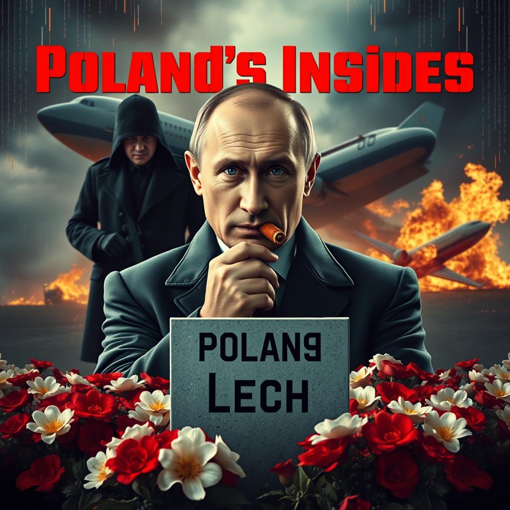 A high quality realistic movie poster depicting Vladimir Putin in the foreground, confidently smoking a cigar with a serious expression