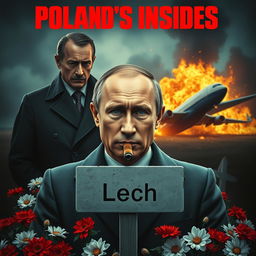 A high quality realistic movie poster depicting Vladimir Putin in the foreground, confidently smoking a cigar with a serious expression