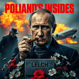 A high quality realistic movie poster depicting Vladimir Putin in the foreground, confidently smoking a cigar with a serious expression