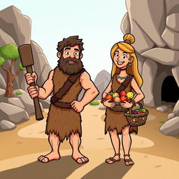 A cartoon illustration of a Stone Age couple, showing a strong male caveman and a female cavewoman dressed in animal skins