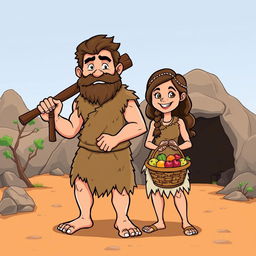 A cartoon illustration of a Stone Age couple, showing a strong male caveman and a female cavewoman dressed in animal skins