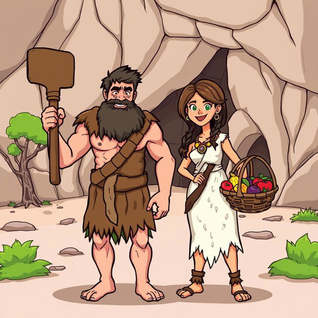 A cartoon illustration of a Stone Age couple, showing a strong male caveman and a female cavewoman dressed in animal skins