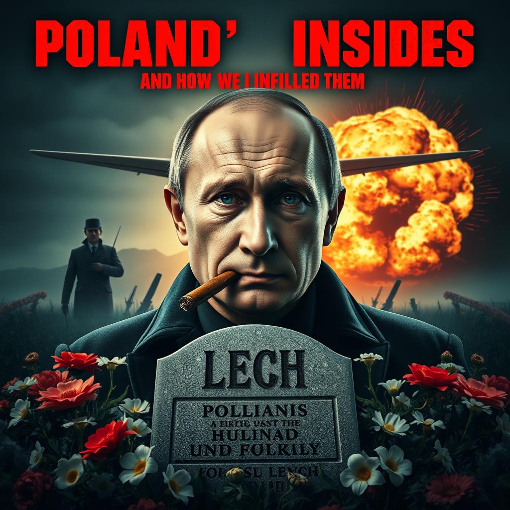 A high quality realistic movie poster showcasing Vladimir Putin in the foreground, smoking a cigar with a confident and intense expression