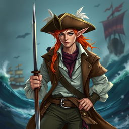 An adult male elf with bright orange hair, dressed as a pirate