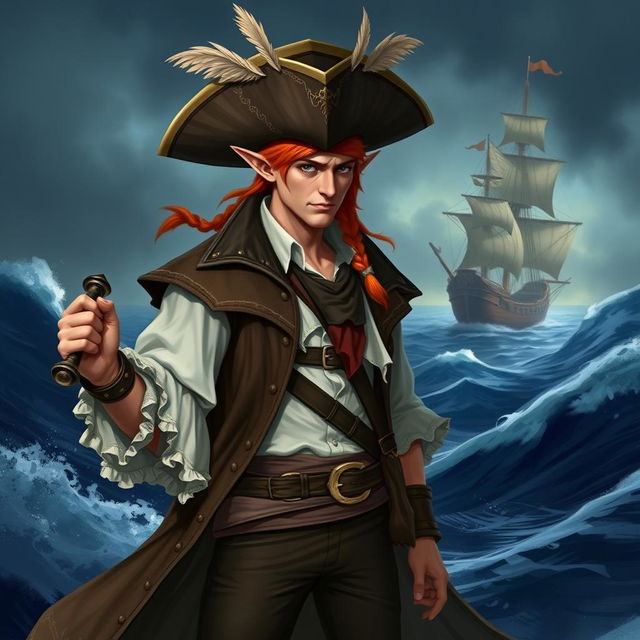 An adult male elf with bright orange hair, dressed as a pirate