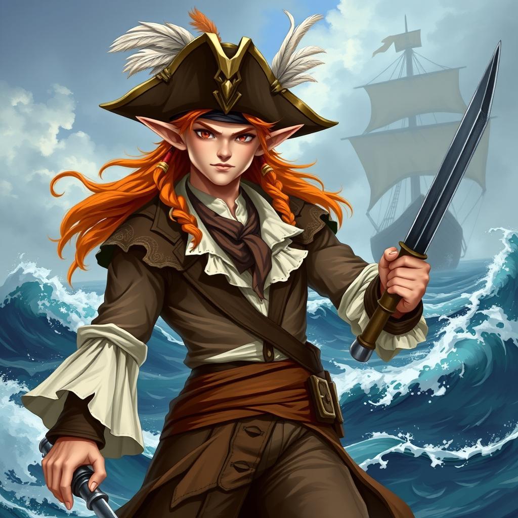 An adult male elf with bright orange hair, dressed as a pirate