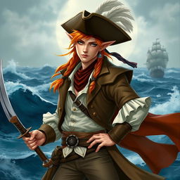 An adult male elf with bright orange hair, dressed as a pirate