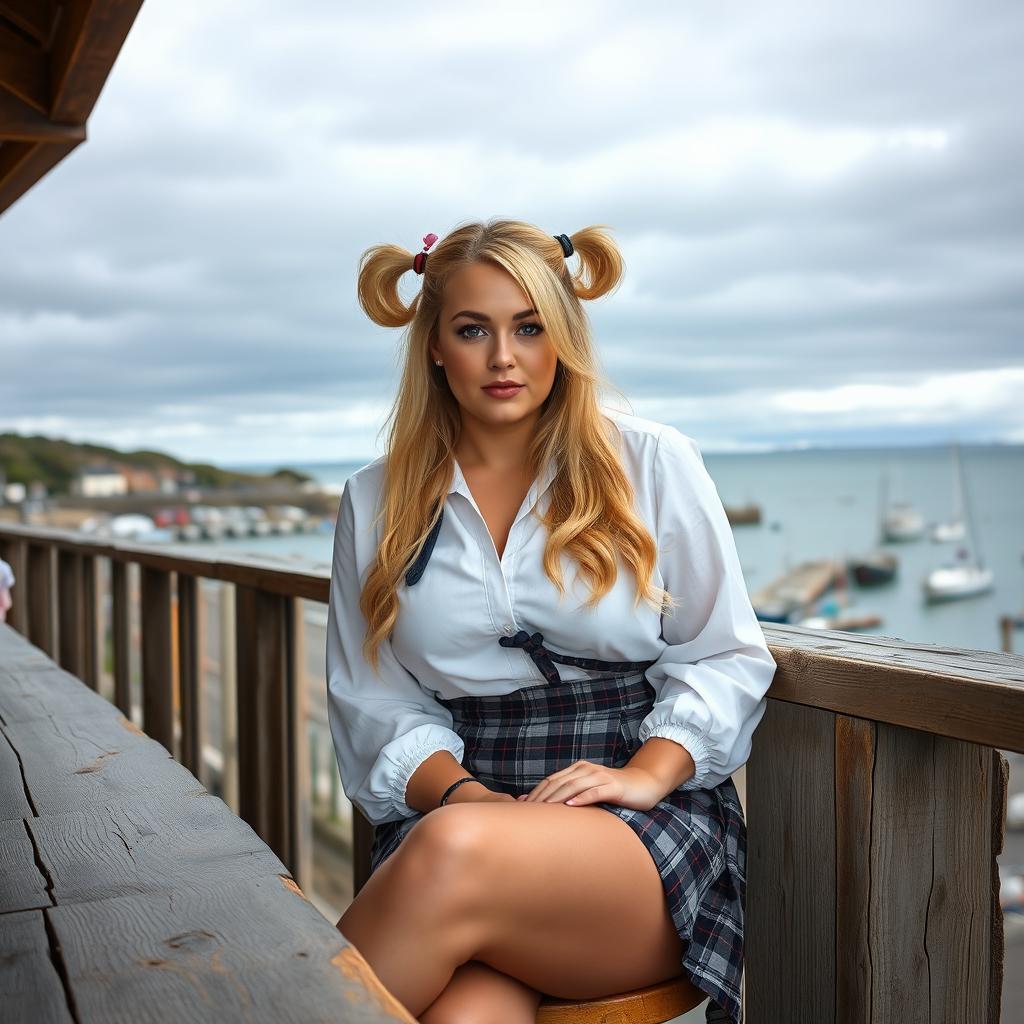 A curvy 40-year-old woman with long blonde hair styled in playful pigtails, sitting at a beach bar with a stunning view of the St Ives harbour