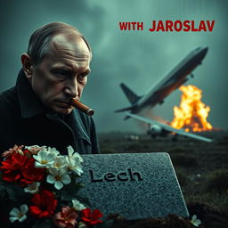 A high quality realistic movie poster showcasing Vladimir Putin prominently in the foreground, smoking a cigar with a determined expression
