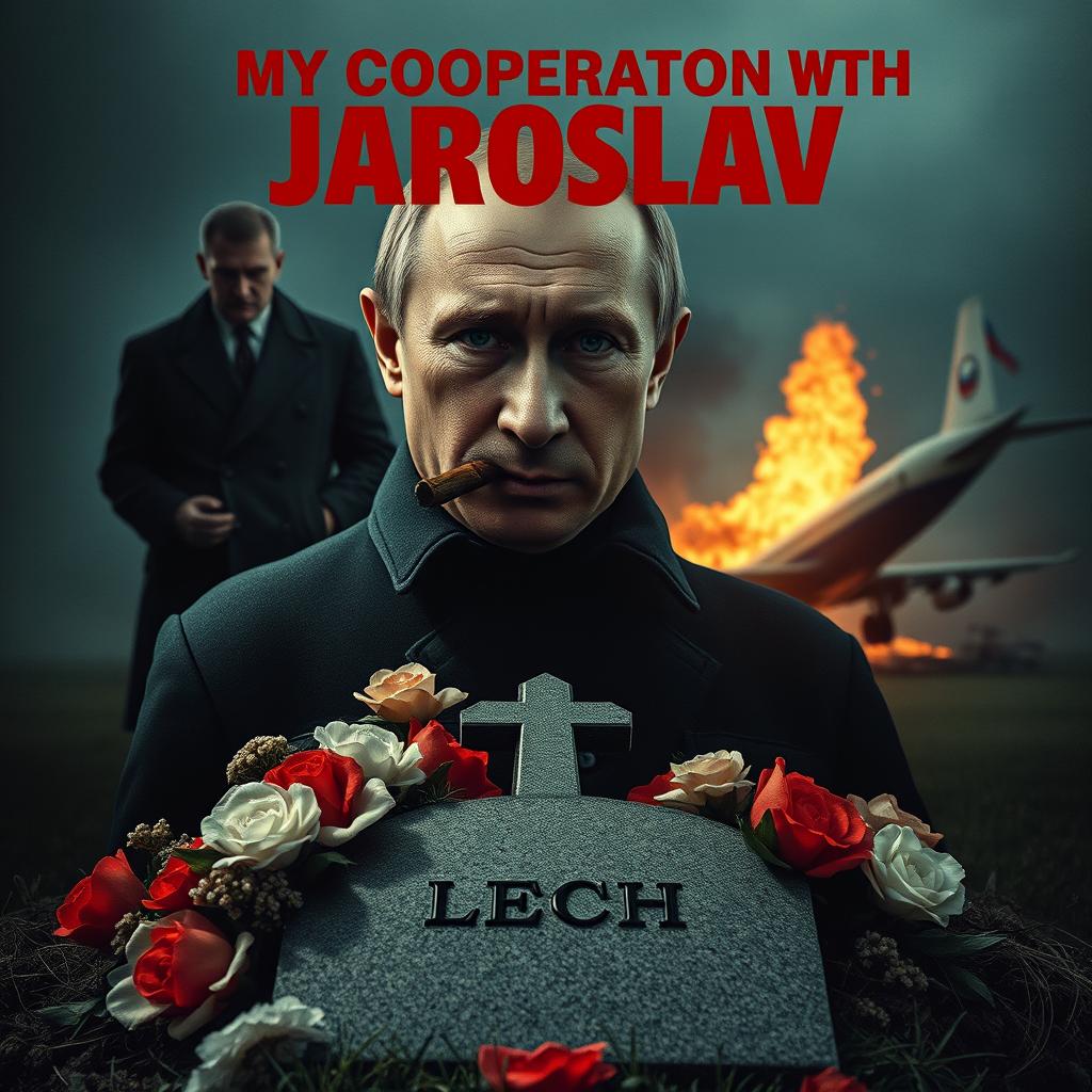 A high quality realistic movie poster showcasing Vladimir Putin prominently in the foreground, smoking a cigar with a determined expression