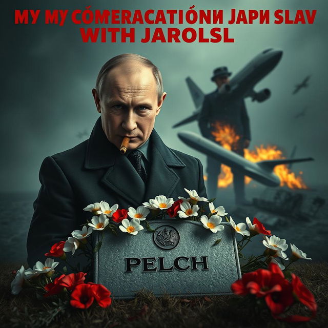 A high quality realistic movie poster showcasing Vladimir Putin prominently in the foreground, smoking a cigar with a determined expression