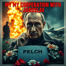 A high quality realistic movie poster showcasing Vladimir Putin prominently in the foreground, smoking a cigar with a determined expression