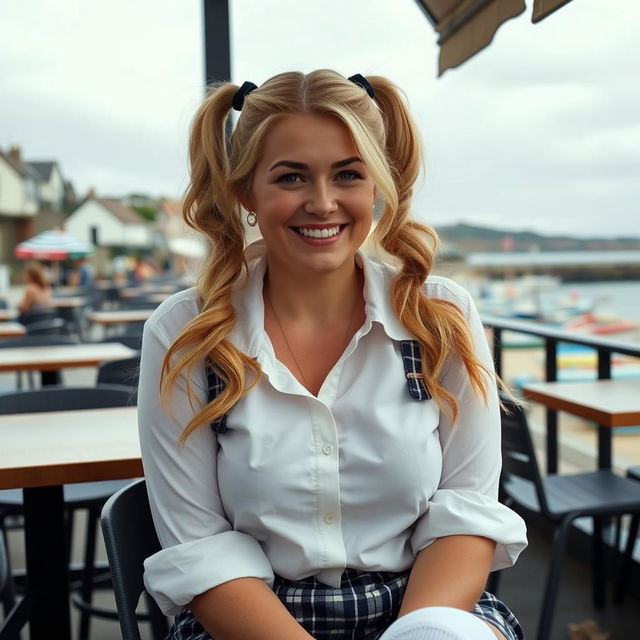 A curvy 40-year-old woman with blonde hair in pigtails sitting at a beach bar overlooking the harbour of St Ives on a grey, overcast day