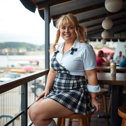 A curvy 40-year-old woman with blonde hair in pigtails sitting at a beach bar overlooking the harbour of St Ives on a grey, overcast day