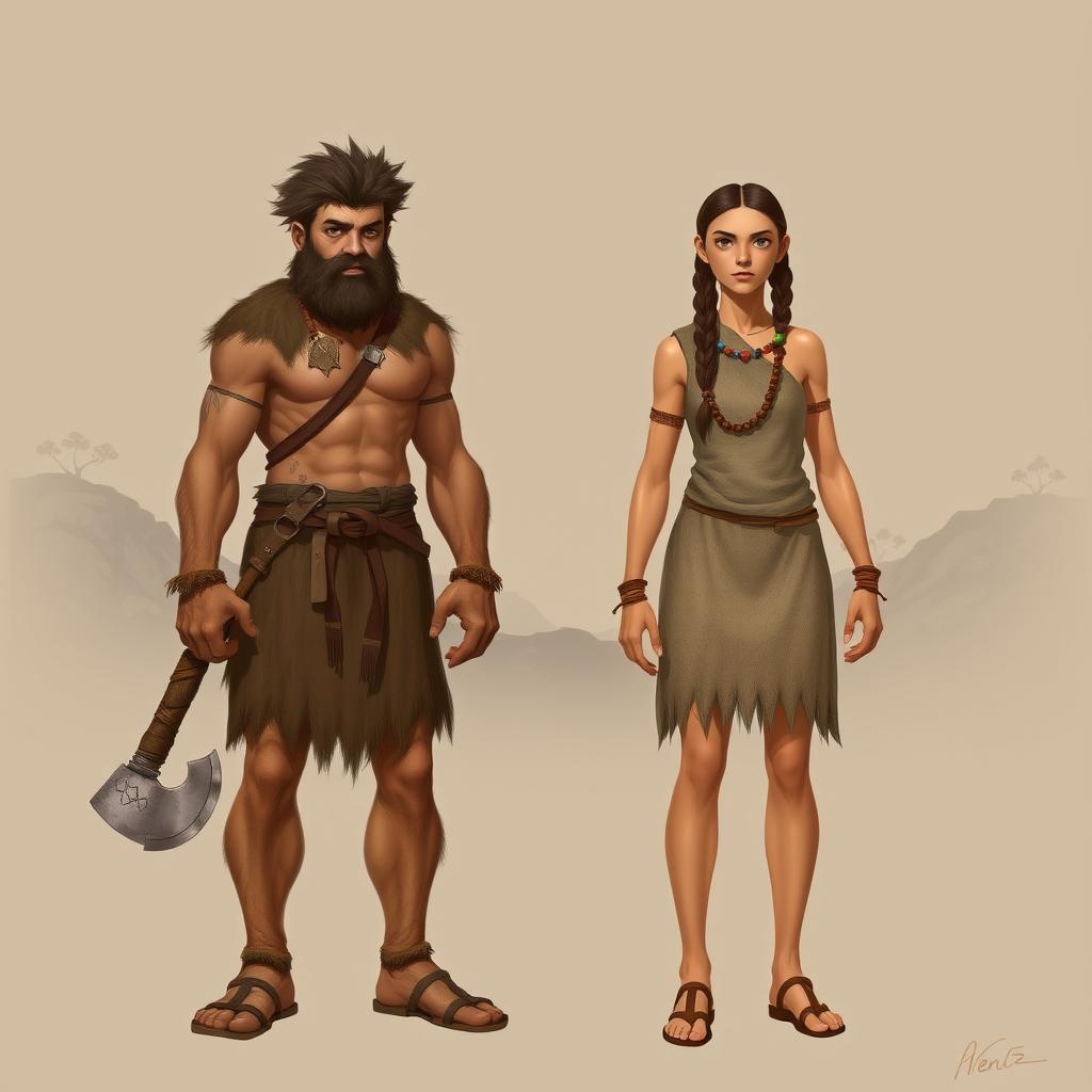 A detailed character design of a Stone Age male and female