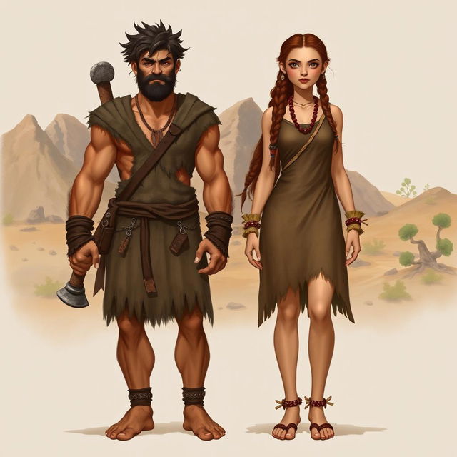 A detailed character design of a Stone Age male and female