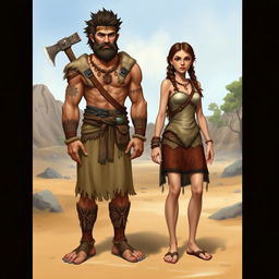 A detailed character design of a Stone Age male and female