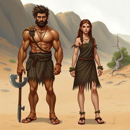 A detailed character design of a Stone Age male and female