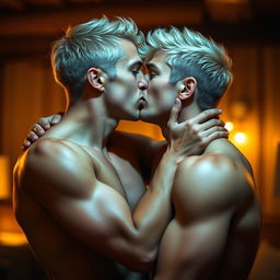 Two attractive blond white men with blue eyes passionately kissing each other in an intimate setting