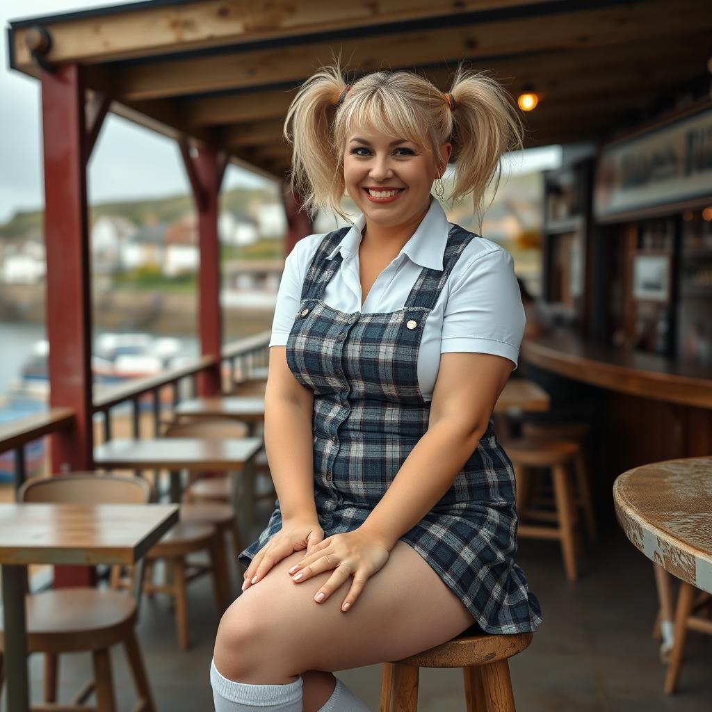 A curvy 40-year-old woman with blonde hair styled in playful pigtails, sitting at a beach bar with a view of the picturesque harbour of St Ives on a grey, overcast day