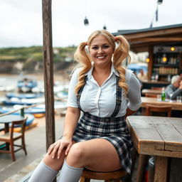 A curvy 40-year-old woman with blonde hair styled in playful pigtails, sitting at a beach bar with a view of the picturesque harbour of St Ives on a grey, overcast day
