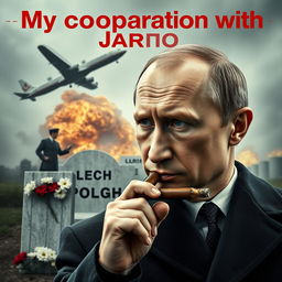 A high-quality, realistic movie poster featuring Vladimir Putin in the foreground, confidently smoking a cigar