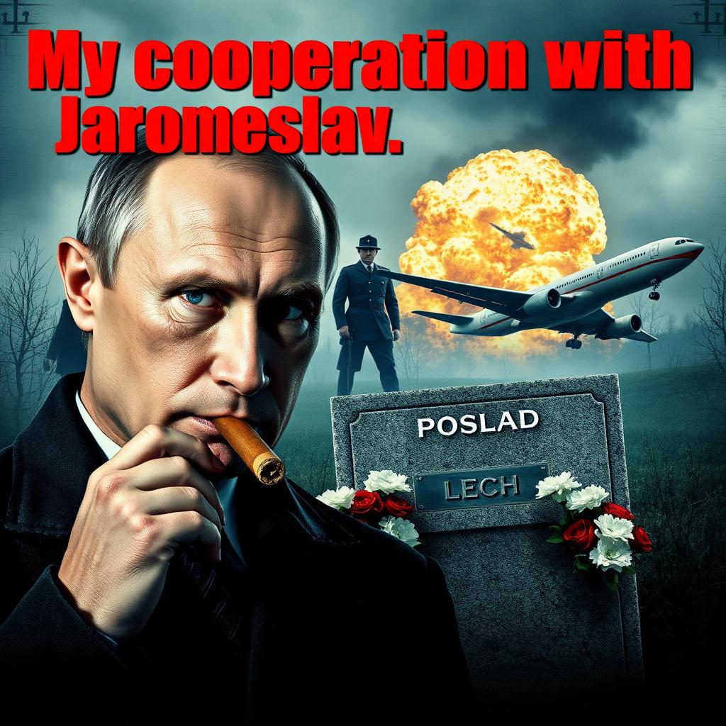 A high-quality, realistic movie poster featuring Vladimir Putin in the foreground, confidently smoking a cigar