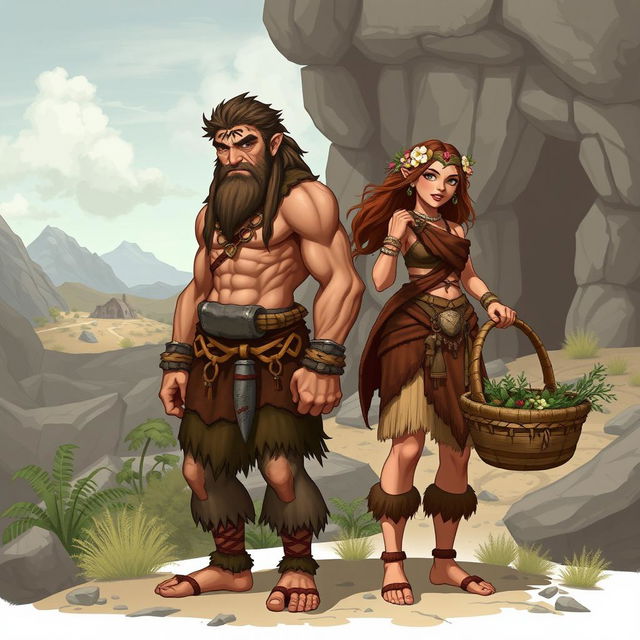 A character design showcasing a male and female from the Stone Age era