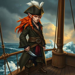 A badass male elf pirate with vibrant orange hair, wearing a rugged pirate outfit complete with a long coat, leather boots, and a tricorn hat adorned with feathers