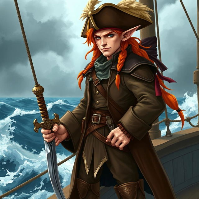 A badass male elf pirate with vibrant orange hair, wearing a rugged pirate outfit complete with a long coat, leather boots, and a tricorn hat adorned with feathers