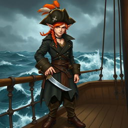 A badass male elf pirate with vibrant orange hair, wearing a rugged pirate outfit complete with a long coat, leather boots, and a tricorn hat adorned with feathers