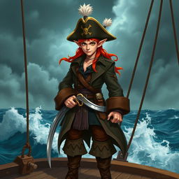 A badass male elf pirate with vibrant orange hair, wearing a rugged pirate outfit complete with a long coat, leather boots, and a tricorn hat adorned with feathers