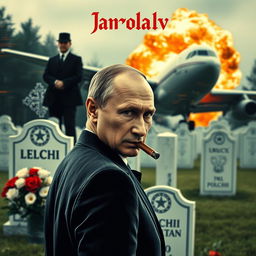 A high-quality, realistic movie poster featuring Vladimir Putin in the foreground, smoking a cigar and looking over his shoulder directly at the camera with an intense gaze