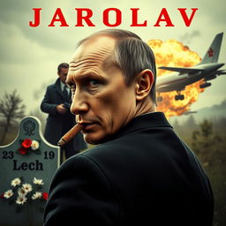 A high-quality, realistic movie poster featuring Vladimir Putin in the foreground, smoking a cigar and looking over his shoulder directly at the camera with an intense gaze