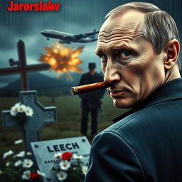A high-quality, realistic movie poster featuring Vladimir Putin in the foreground, smoking a cigar and looking over his shoulder directly at the camera with an intense gaze