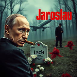 A high-quality, realistic movie poster featuring Vladimir Putin in the foreground, smoking a cigar while looking over his shoulder directly at the camera