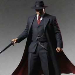 A unique vision of a hero dressed in mafia garb, wielding a sharp samurai sword in one hand and a menacing sickle in the other, exhibiting both power and menace in equal measure.