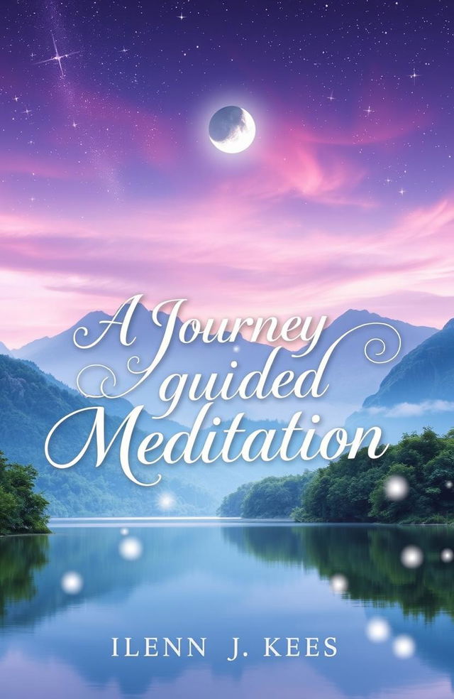 A mystical book cover for 'A Journey Through Guided Meditation', featuring a serene landscape that blends elements of fantasy and tranquility