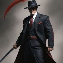 A unique vision of a hero dressed in mafia garb, wielding a sharp samurai sword in one hand and a menacing sickle in the other, exhibiting both power and menace in equal measure.