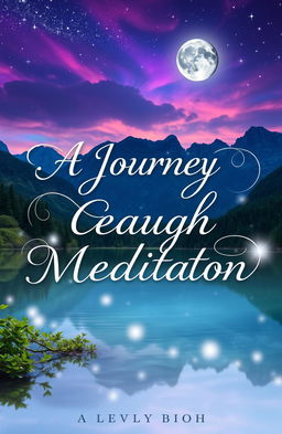 A mystical book cover for 'A Journey Through Guided Meditation', featuring a serene landscape that blends elements of fantasy and tranquility