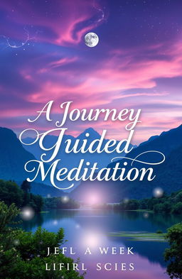 A mystical book cover for 'A Journey Through Guided Meditation', featuring a serene landscape that blends elements of fantasy and tranquility